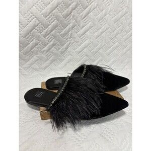 White House Black Market Blaire Feather Slides Women’s Size 8 M Black Velvet